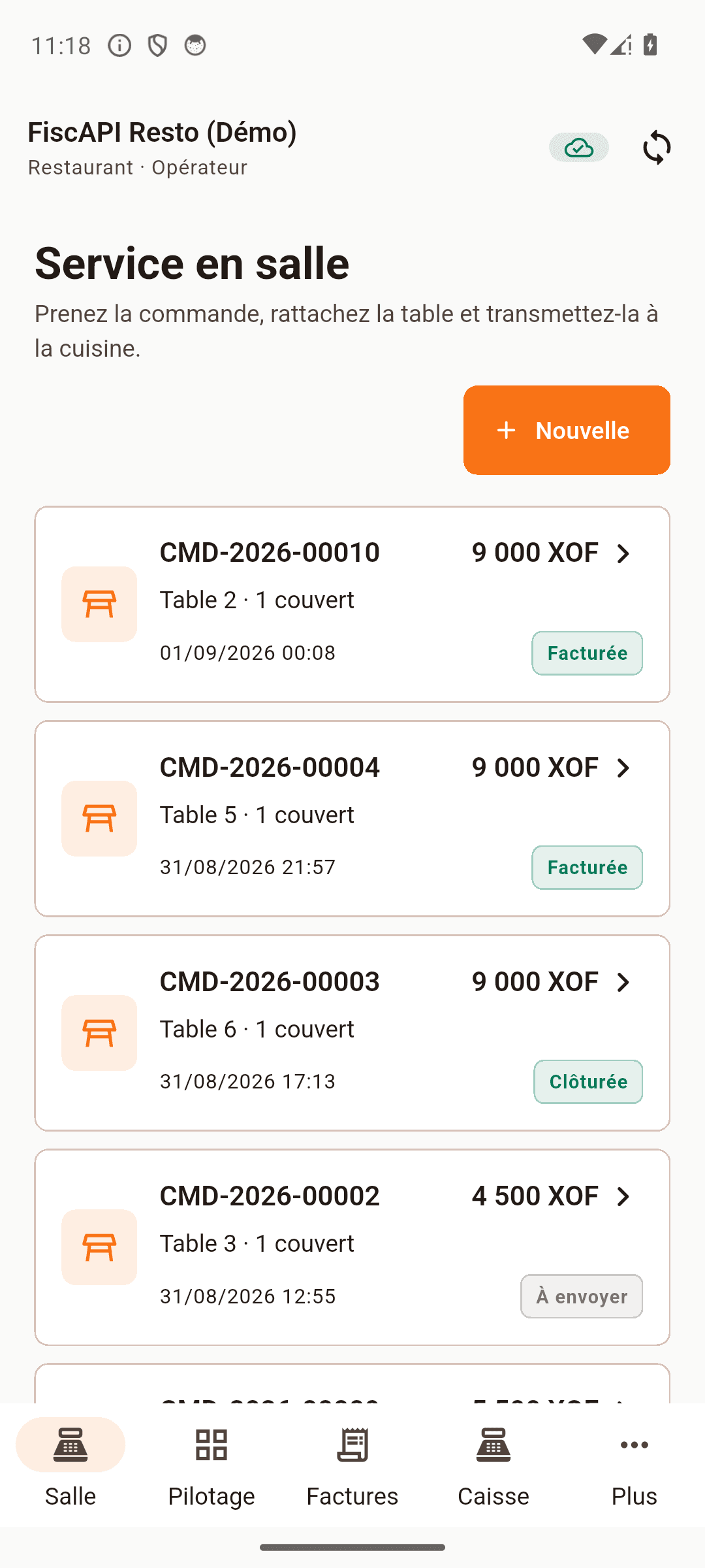 Application native Android : commandes et tables du restaurant de démonstration.