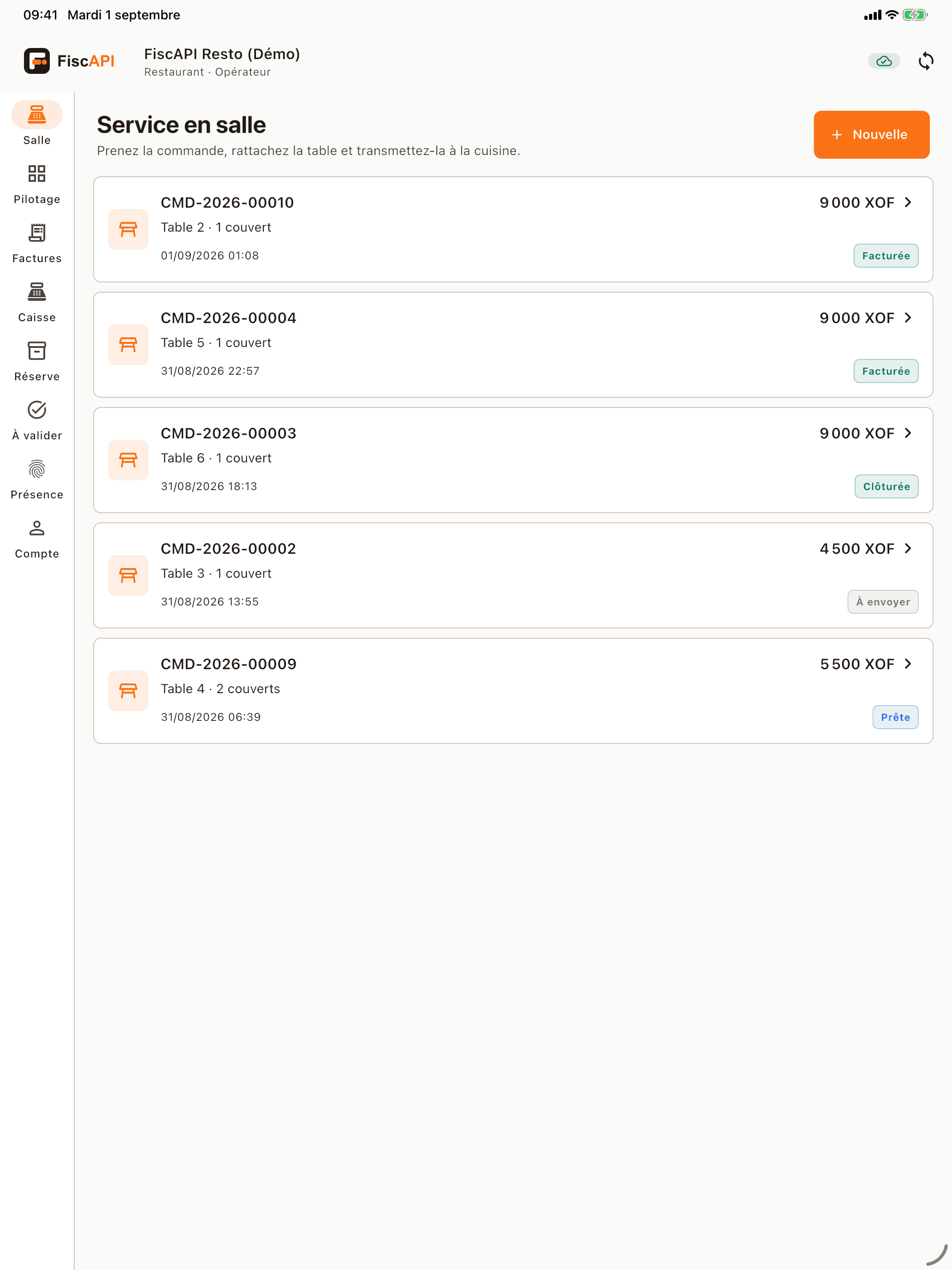Application native iPad : liste des commandes du service de démonstration.