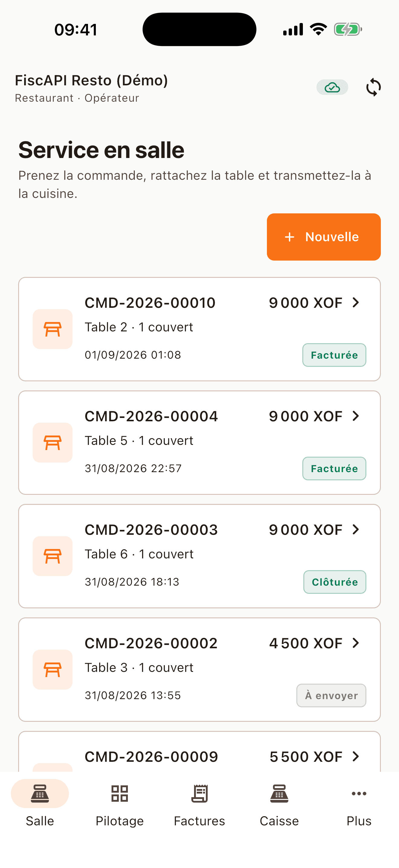 Application native iPhone : commandes des tables du restaurant FiscAPI Resto (Démo).